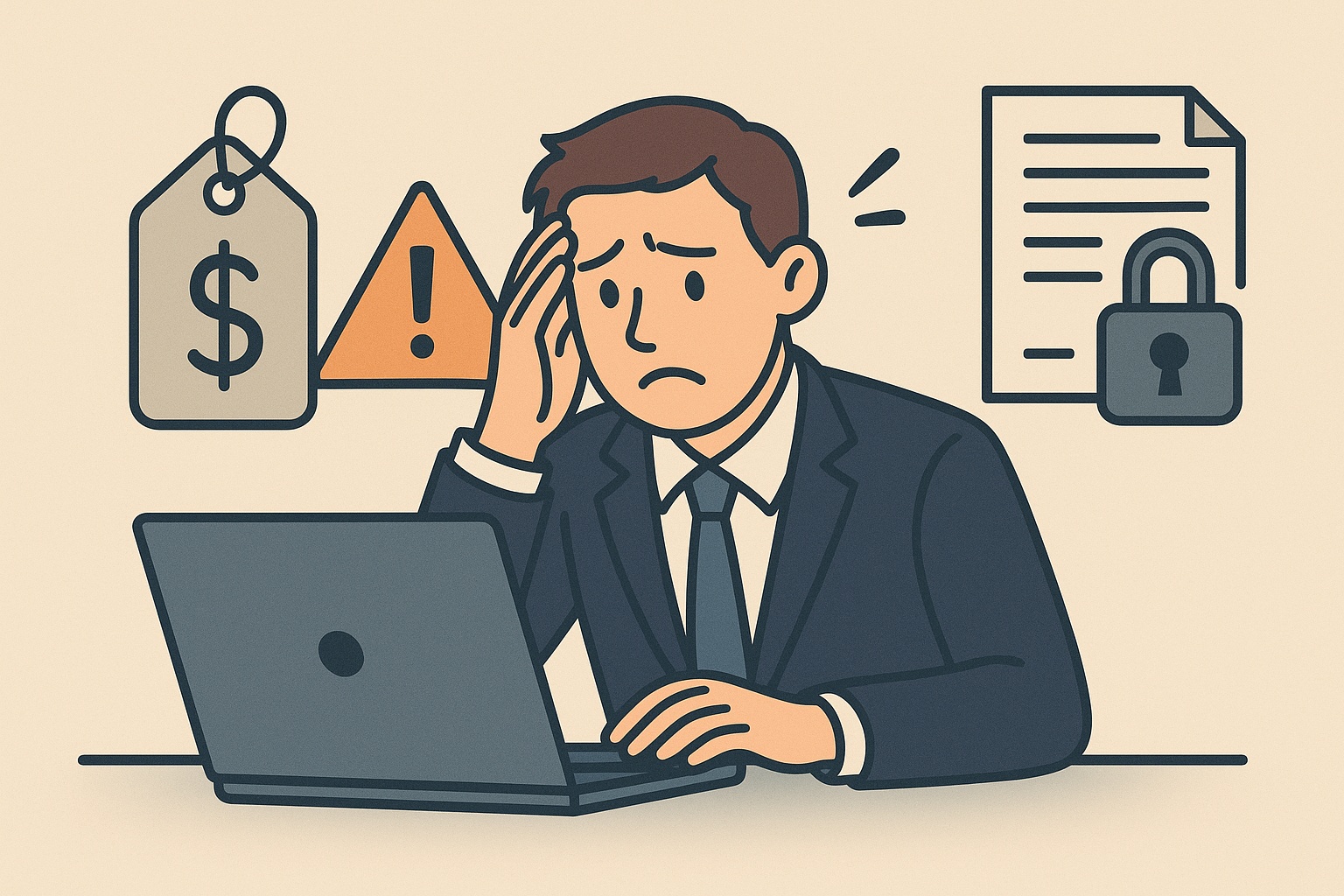 Illustration of a worried businessman at a laptop surrounded by a dollar sign tag, locked contract, and warning symbol, representing hidden IT service costs
