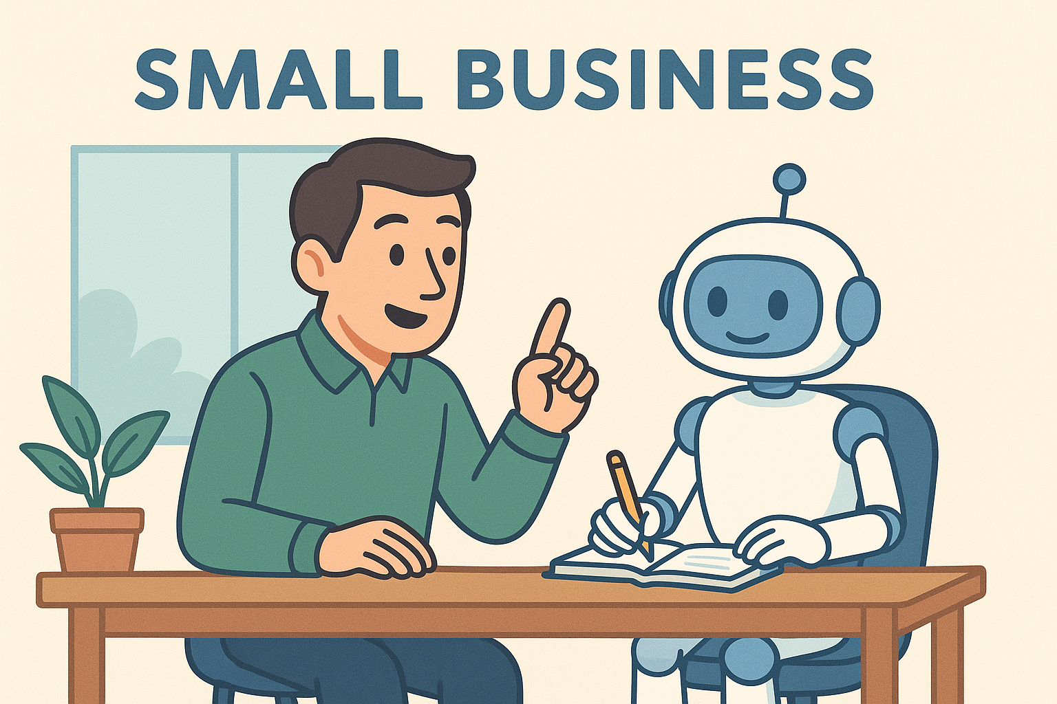 Cartoon of a business owner guiding a robot intern at a desk.