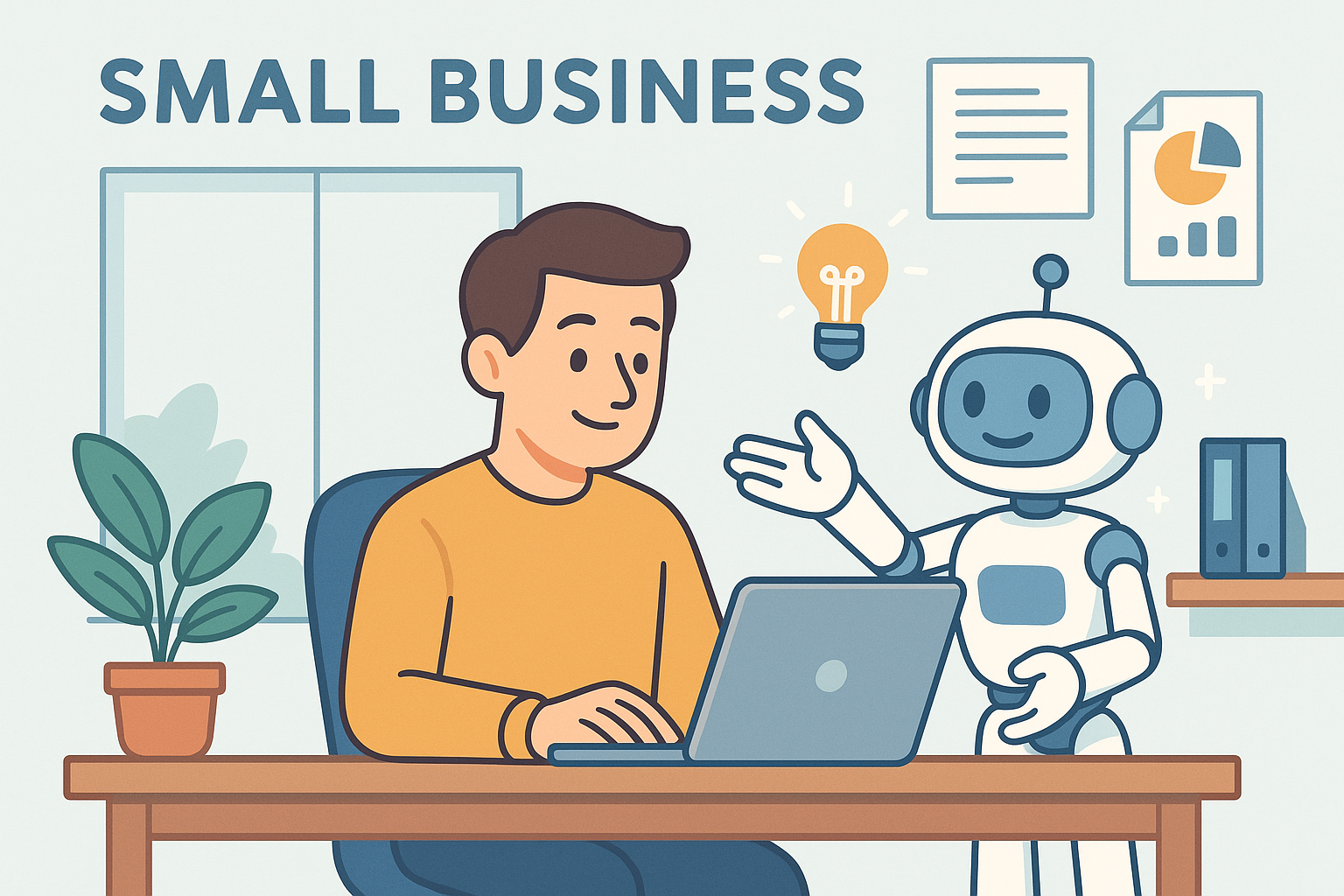 Helpful-AI-Robot Illustration of a small business employee at a laptop with a robot offering ideas and charts.