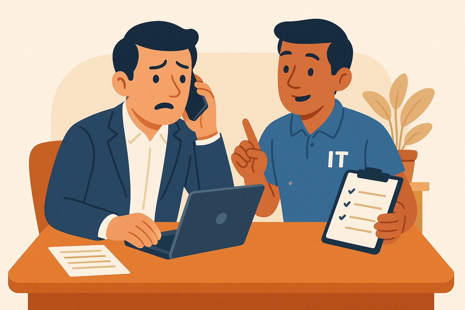 Illustration of an IT technician assisting a business owner making a vendor support call.