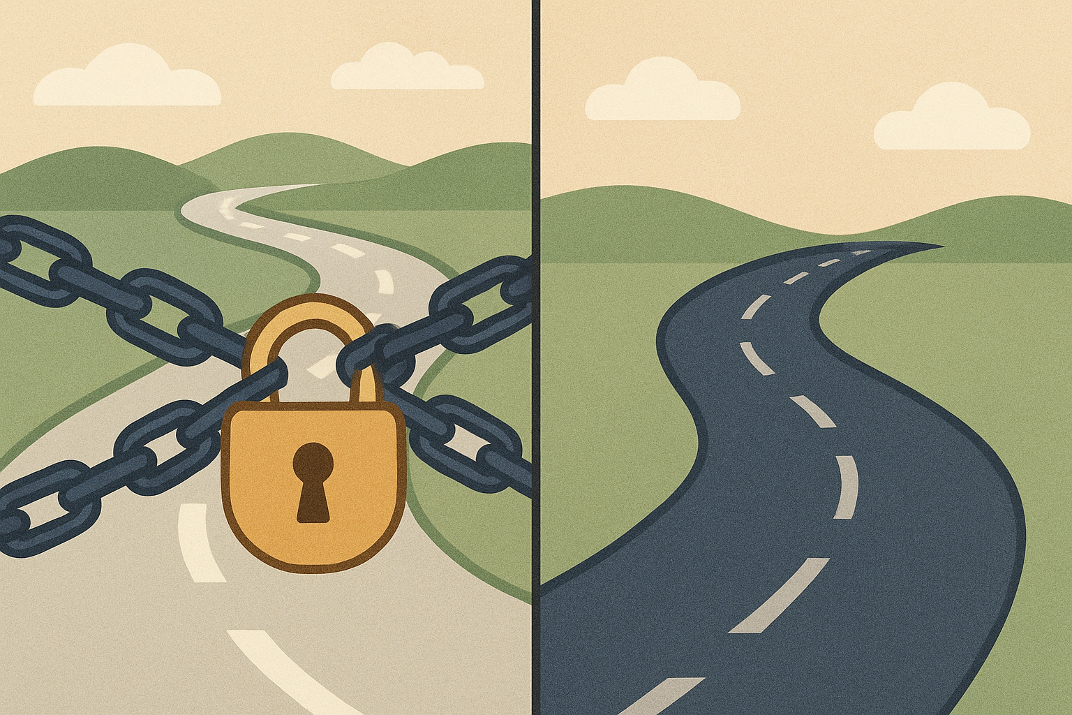 llustration showing a locked contract versus an open flexible path.