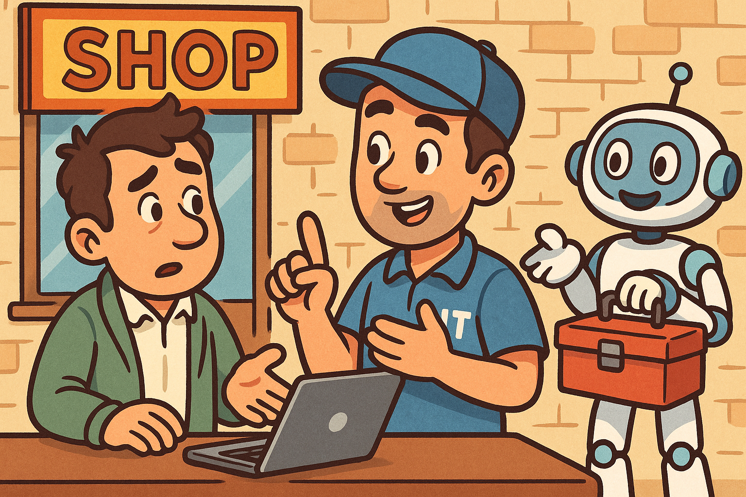 Illustration of an IT technician and small business owner with a robot offering a toolbox.