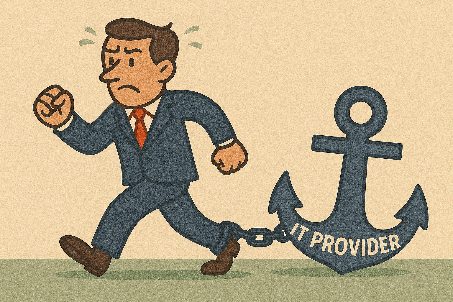 Illustration of a business owner struggling to move forward while weighed down by an anchor labeled IT provider.