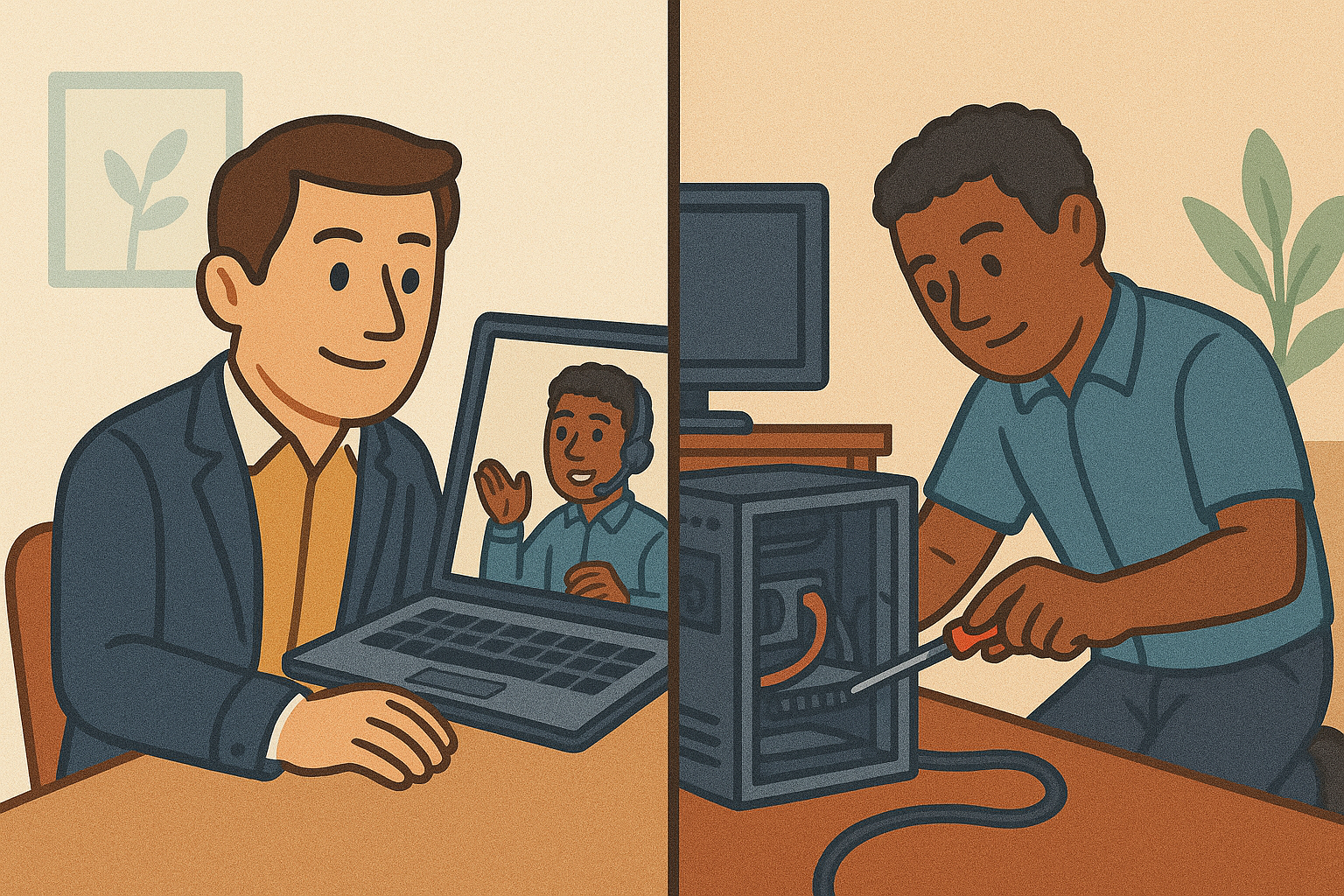 Illustration comparing remote IT support via video call with onsite support fixing hardware.