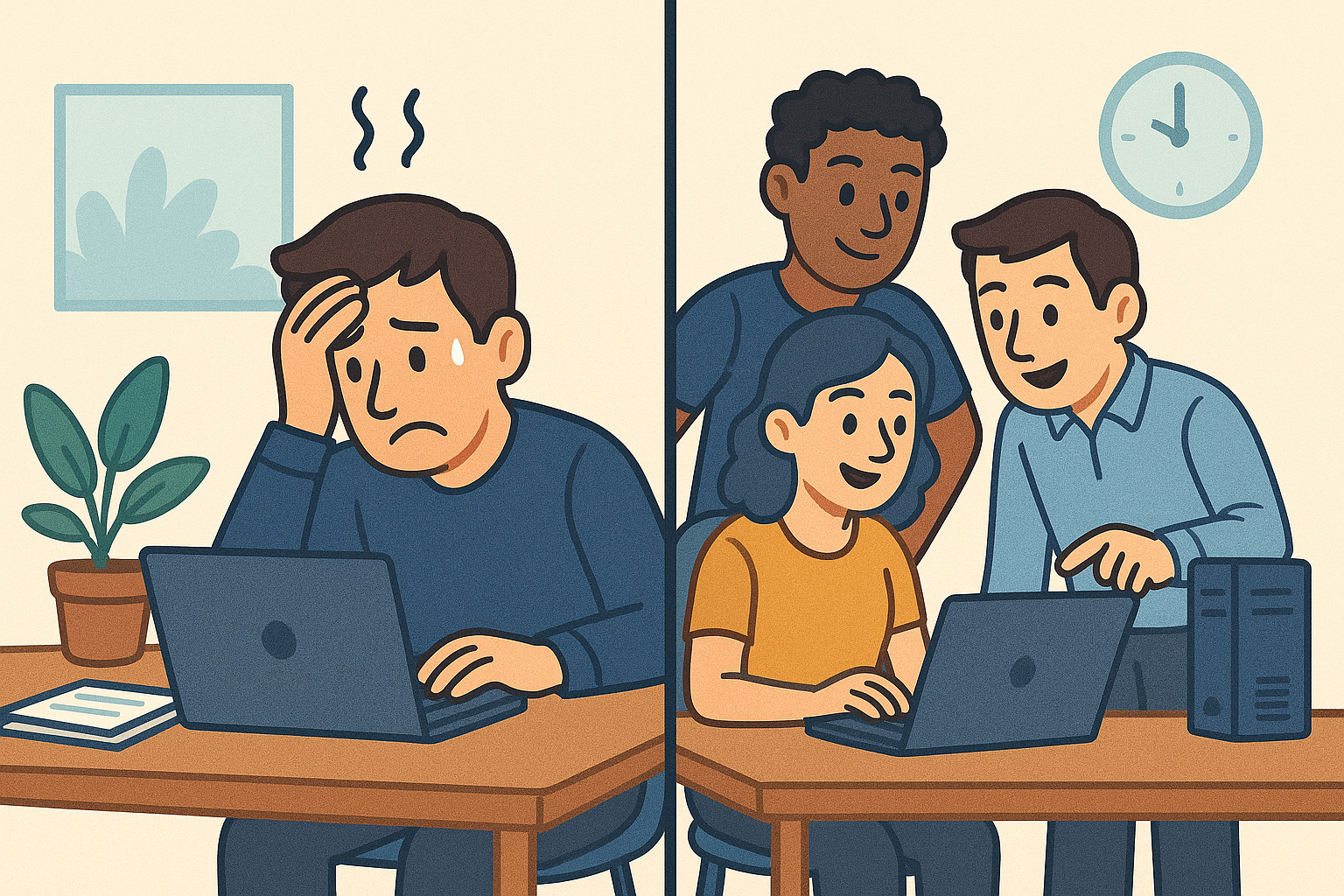 Illustration comparing a single overwhelmed IT worker to a team of IT professionals.