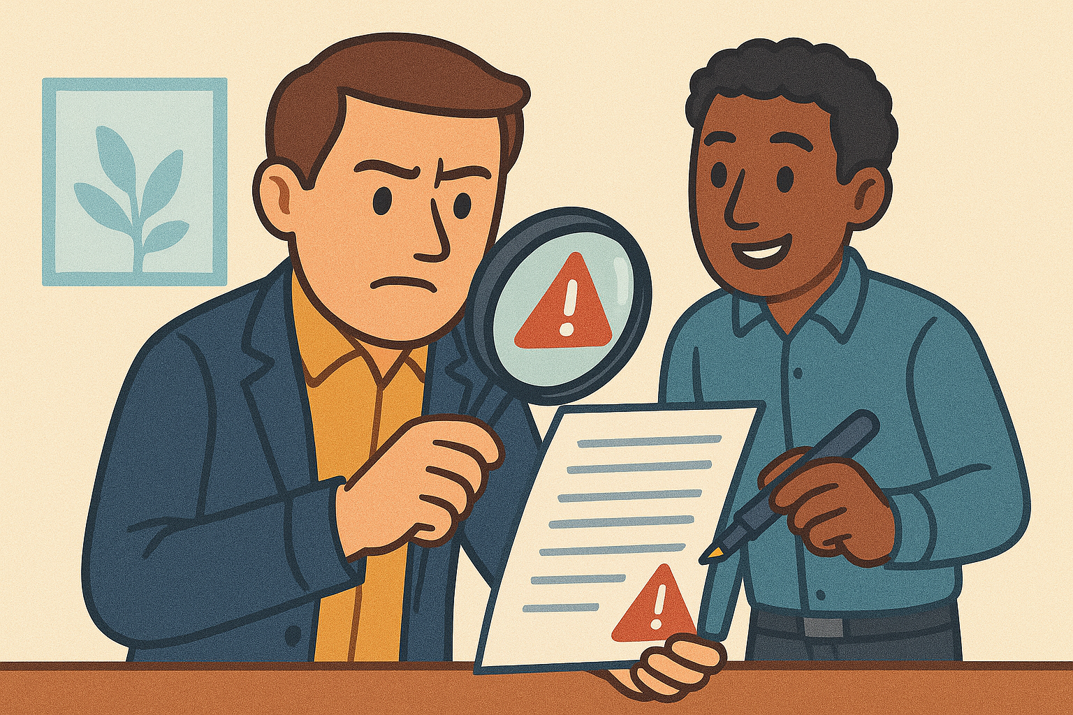 Illustration of a business owner examining an IT contract with a magnifying glass.